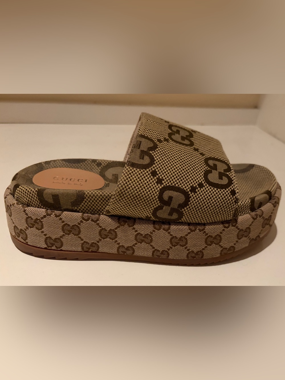 Gucci Brown Monogram Canvas Slide Sandals. Please check pictures for details